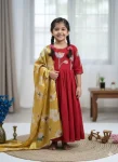 MODERN VICHITRA SILK HAND PAINTED WHIT MAGGAM WORK KID'S GOWN WITH DUPATTA RED