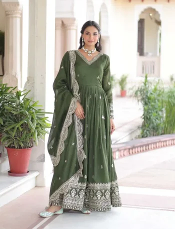 MODERN VICHITRA SILK SEQUENCE ZARI & EMBROIDERY WORK GOWN WITH DUPATTA MEHNDI