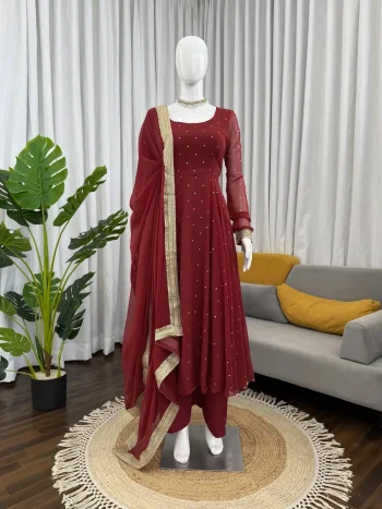 MOERN GEORGETTE MUKESH WORK GOWN BOTTOM WITH DUPATTA  MAROON