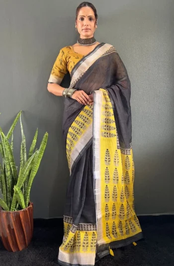 MOST PICKED LINEN SILK DIGITAL PRINT WORK READY TO WEAR SAREE WITH UNSTITCHED BLOUSE YELLOW AND BLACK