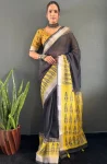 MOST PICKED LINEN SILK DIGITAL PRINT WORK READY TO WEAR SAREE WITH UNSTITCHED BLOUSE YELLOW AND BLACK
