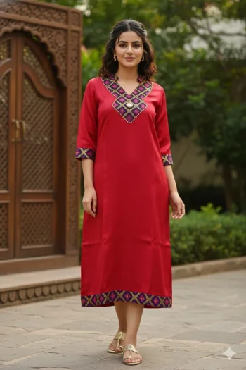 NEW ARRIVAL ART SILK JACQUARD CUT PASTE WORK ONLY KURTI RED