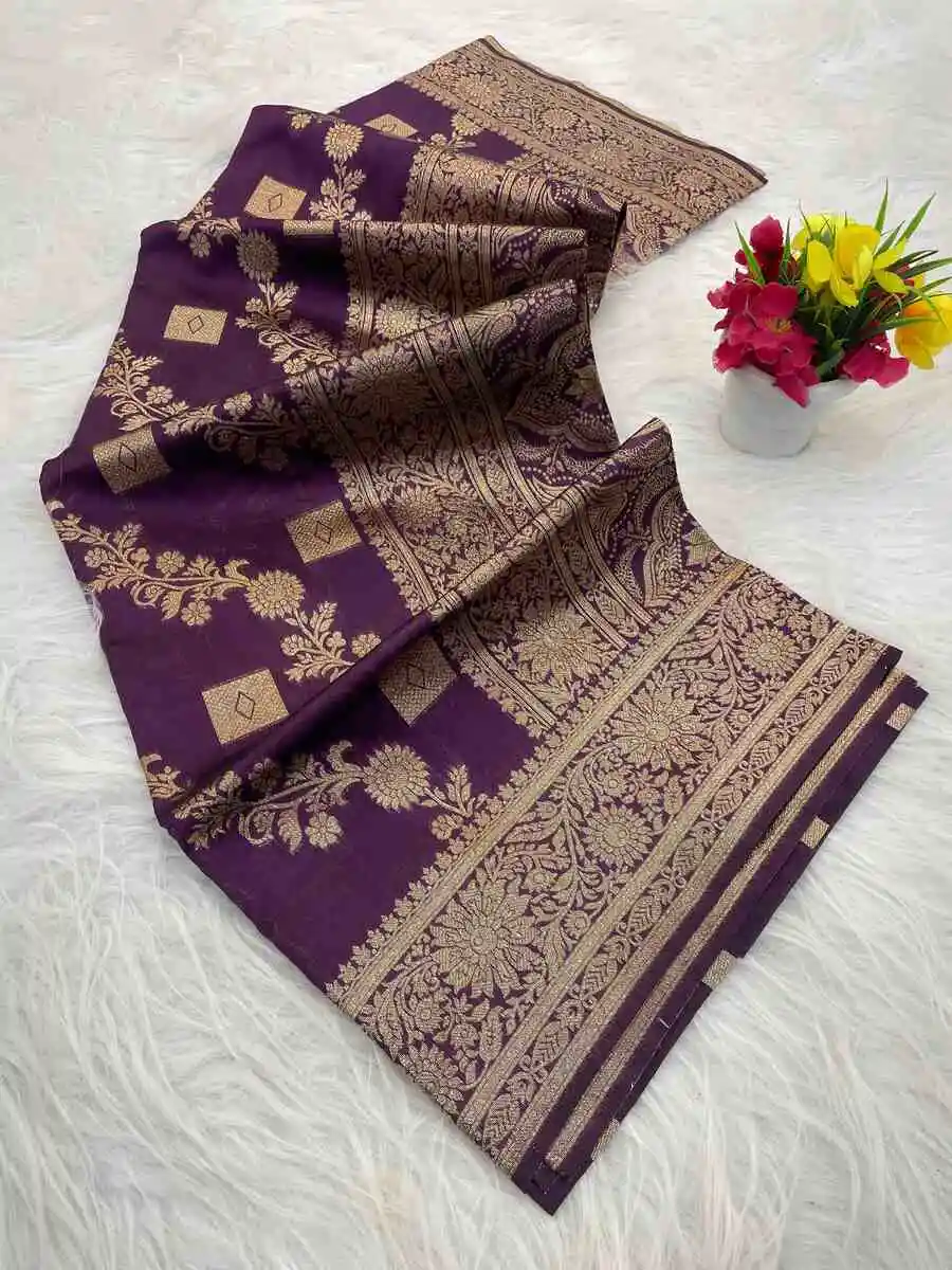 NEW ARRIVAL BANARASI SILK FLOWERS AND MINA & ZARI WEAVING WORK SAREE WITH UNSTITCHED BLOUSE FESTIVE WEAR WHOLESALE PRICE ETHNIC GARMENT (4)
