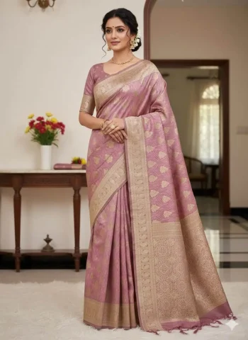 NEW ARRIVAL BANARASI SILK FLOWERS AND MINA & ZARI WEAVING WORK SAREE WITH UNSTITCHED BLOUSE PINK