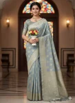 NEW ARRIVAL BANARASI SILK FLOWERS AND MINA & ZARI WEAVING WORK SAREE WITH UNSTITCHED BLOUSE GREY