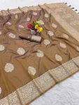 NEW ARRIVAL BANARASI SILK GOLDEN ZARI BUTTI WEAVING WORK SAREE WITH UNSTITCHED BLOUSE CHIKU