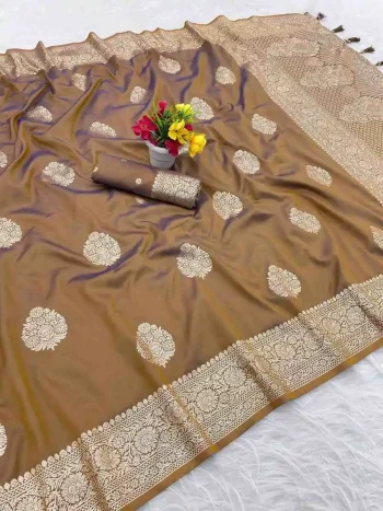 NEW ARRIVAL BANARASI SILK GOLDEN ZARI BUTTI WEAVING WORK SAREE WITH UNSTITCHED BLOUSE CHIKU