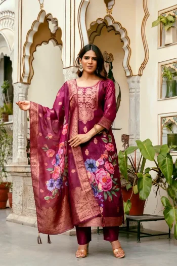 NEW ARRIVAL CHANDERI COTTON JACQUARD WORK TOP BOTTOM WITH DUPATTA WINE