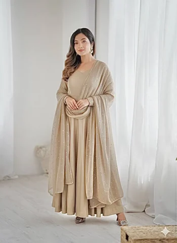 NEW ARRIVAL CHANDERI COTTON PLAIN GOWN BOTTOM WITH HAND SEQUENCE , FOUR SIDE GOLDEN SAMOSA LACE WORK DUPATTA CREAM