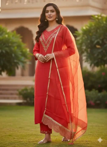 NEW ARRIVAL CHANDERI EMBROIDERY WORK TOP BOTTOM WITH DUPATTA ORANGE