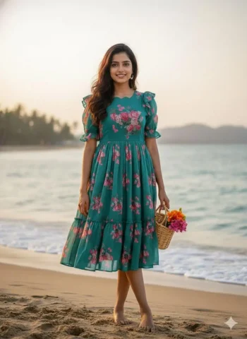 NEW ARRIVAL CHANDERI FLORAL PRINTED WORK ONE PIECE  SKY