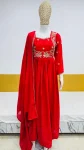 NEW ARRIVAL CHINON CODING WITH SEQUENCE AND  REAL MIRROR WORK  GOWN BOTTOM WITH DUPATTA RED