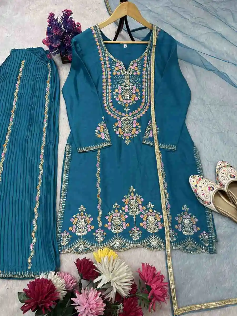 NEW ARRIVAL CHINON EMBROIDERY SEQUENCE WORK TOP PALAZZO WITH DUPATTA FESTIVE WEAR WHOLESALE PRICE ETHNIC GARMENT (3)