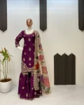 NEW ARRIVAL CHINON EMBROIDERY SEQUENCE WORK TOP SHARARA WITH DUPATTA PURPLE