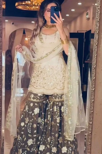 NEW ARRIVAL CHINON EMBROIDERY SEQUENCE WORK TOP SHARARA WITH DUPATTA BLACK AND WHITE