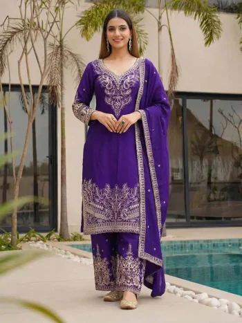 NEW ARRIVAL CHINON SILK EMBROIDERY SEQUENCE CODING ZARI WORK TOP PALAZZO WITH DUPATTA PURPLE