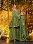 NEW ARRIVAL CHINON SILK REAL MIRROR WORK TOP PALAZZO WITH DUPATTA GREEN