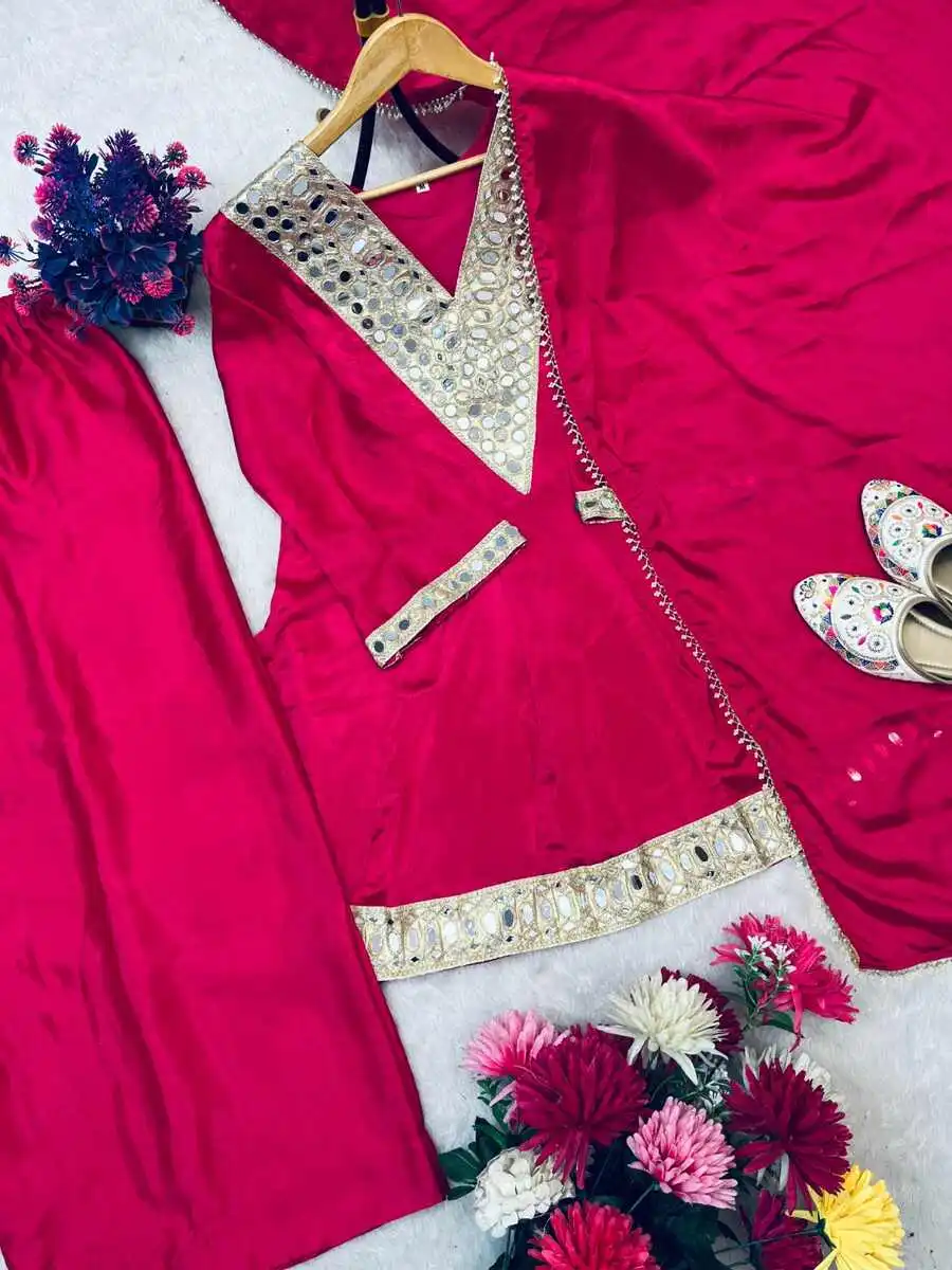 NEW ARRIVAL CHINON SILK REAL MIRROR WORK TOP PALAZZO WITH DUPATTA FESTIVE WEAR WHOLESALE PRICE ETHNIC GARMENT (7)