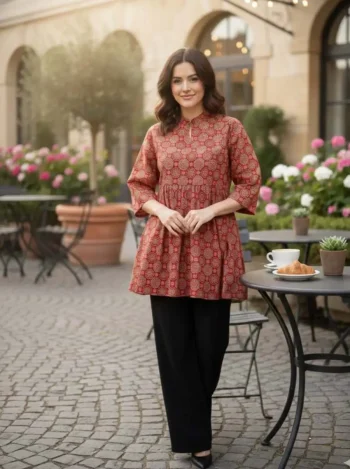 NEW ARRIVAL COTTON AJRAKH PRINT WORK TOP MAROON