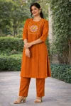NEW ARRIVAL COTTON BLEND EMBROIDERY WORK TOP PENT SET ORANGE