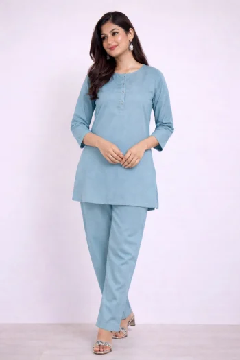 NEW ARRIVAL COTTON BLEND PLAIN CO-ORD SET SKY