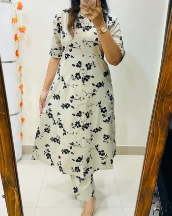 NEW ARRIVAL COTTON BLEND PRINTED WORK TOP BOTTOM SET CREAM AND BLACK