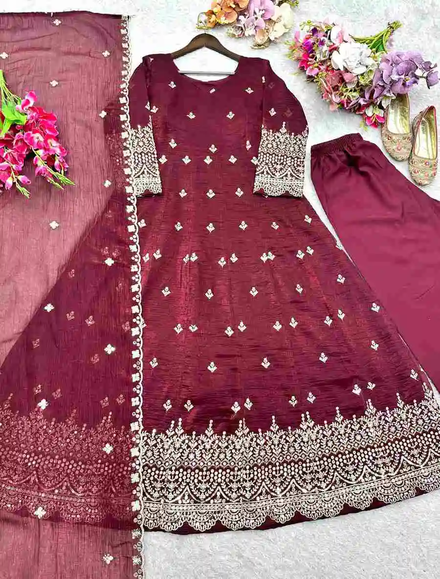 NEW ARRIVAL CRUNCHY SILK EMBROIDERY 5 MM SEQUENCE WORK GOWN BOTTOM WITH DUPATTA FESTIVE WEAR WHOLESALE PRICE ETHNIC GARMENT (1)