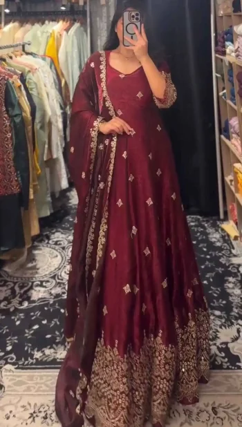 NEW ARRIVAL CRUNCHY SILK EMBROIDERY 5 MM SEQUENCE WORK GOWN BOTTOM WITH DUPATTA MAROON