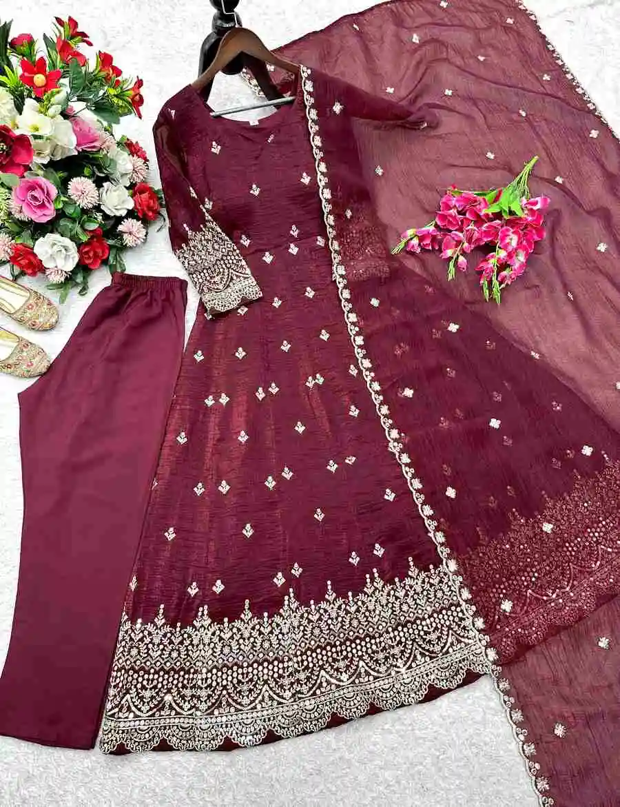 NEW ARRIVAL CRUNCHY SILK EMBROIDERY 5 MM SEQUENCE WORK GOWN BOTTOM WITH DUPATTA FESTIVE WEAR WHOLESALE PRICE ETHNIC GARMENT (4)