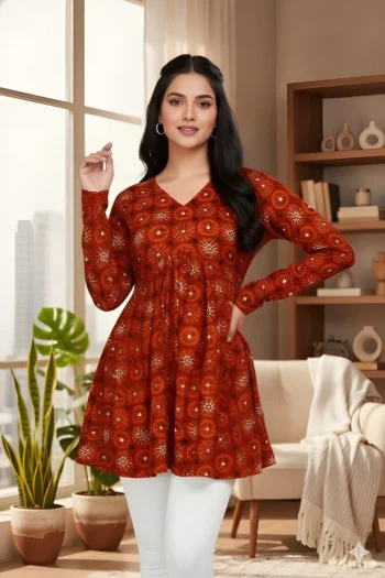 NEW ARRIVAL DELTA SILK PRINTED WORK ONLY TOP ORANGE