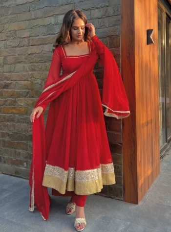 NEW ARRIVAL FAUX BLOOMING FANCY BORDER WORK ANARKALI BOTTOM WITH DUPATTA RED