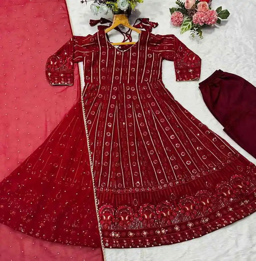 NEW ARRIVAL FAUX BLOOMING SEQUENCE & MULTI THREAD ZARI WORK ANARKALI GOWN BOTTOM WITH DUPATTA FESTIVE WEAR WHOLESALE PRICE ETHNIC GARMENT (8)