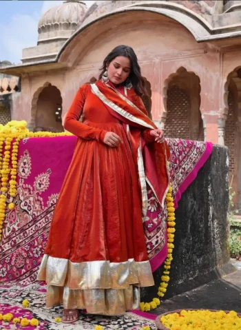 NEW ARRIVAL FENDY SILK FANCY BORDER WORK GOWN BOTTOM WITH DUPATTA RED