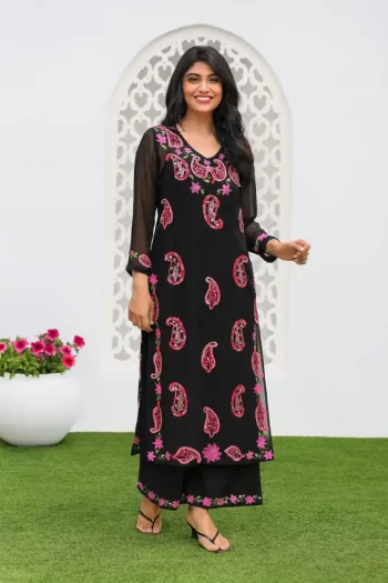 NEW ARRIVAL GEORGETTE COLORFULL CHAIN WORK TOP PENT SET BLACK
