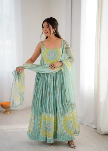 NEW ARRIVAL GEORGETTE SUNFLOWER LEHERIYA PRINT WORK GOWN BOTTOM WITH DUPATTA PISTA