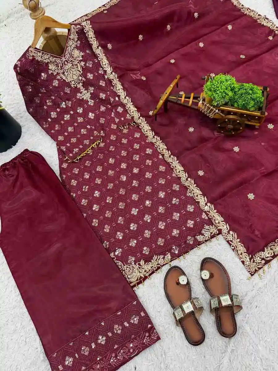 NEW ARRIVAL GMY SILK EMBROIDERY SEQUENCE WORK TOP PALAZZO WITH DUPATTA WEDDING WEAR WHOLESALE PRICE ETHNIC GARMENT (15)