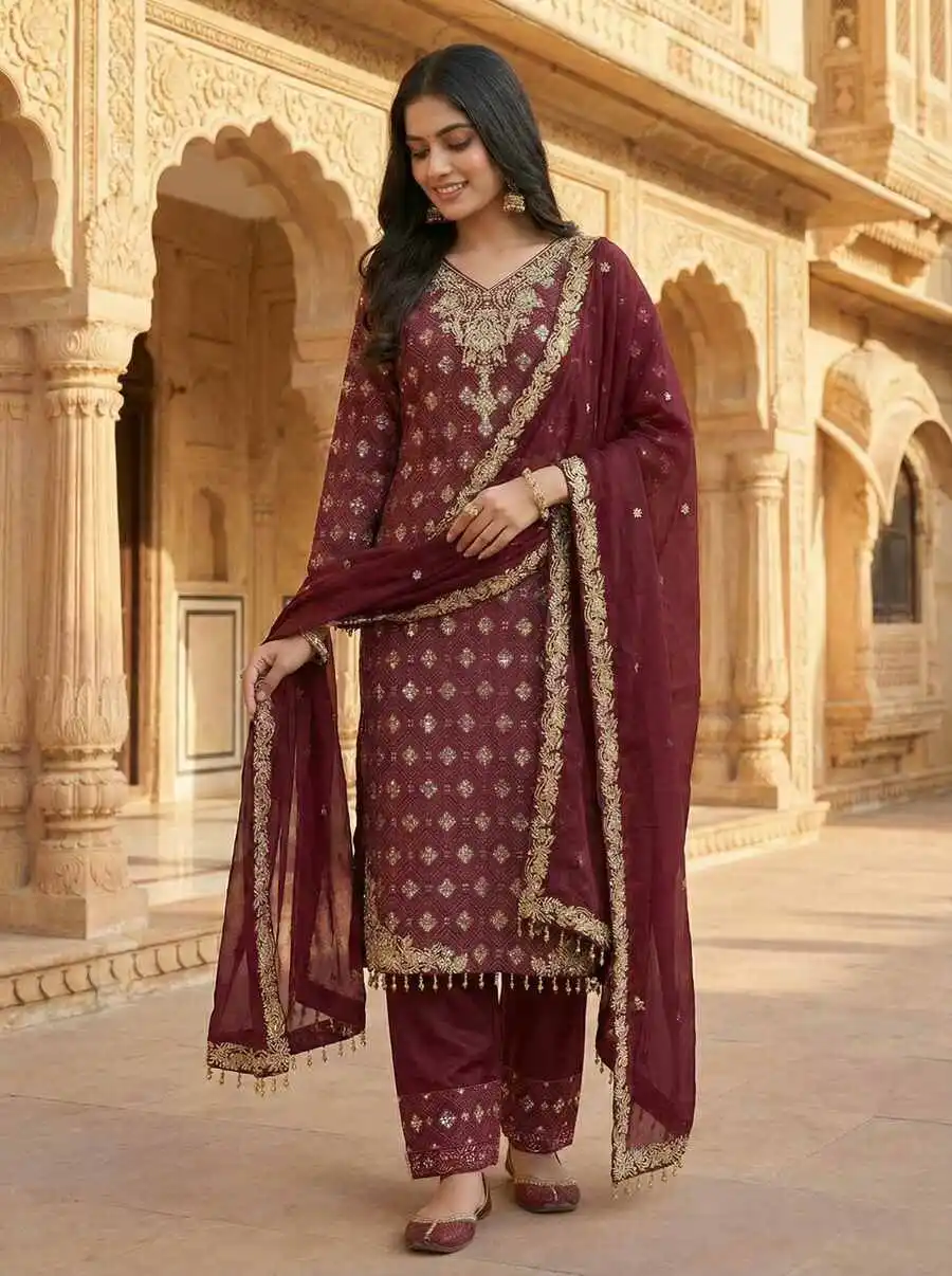 NEW ARRIVAL GMY SILK EMBROIDERY SEQUENCE WORK TOP PALAZZO WITH DUPATTA WEDDING WEAR WHOLESALE PRICE ETHNIC GARMENT (2)