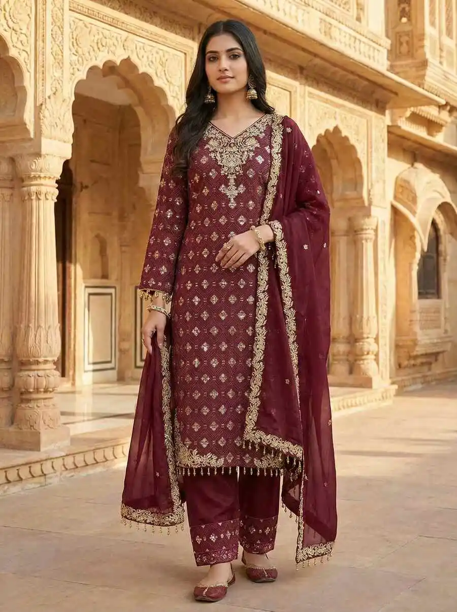 NEW ARRIVAL GMY SILK EMBROIDERY SEQUENCE WORK TOP PALAZZO WITH DUPATTA WEDDING WEAR WHOLESALE PRICE ETHNIC GARMENT (3)