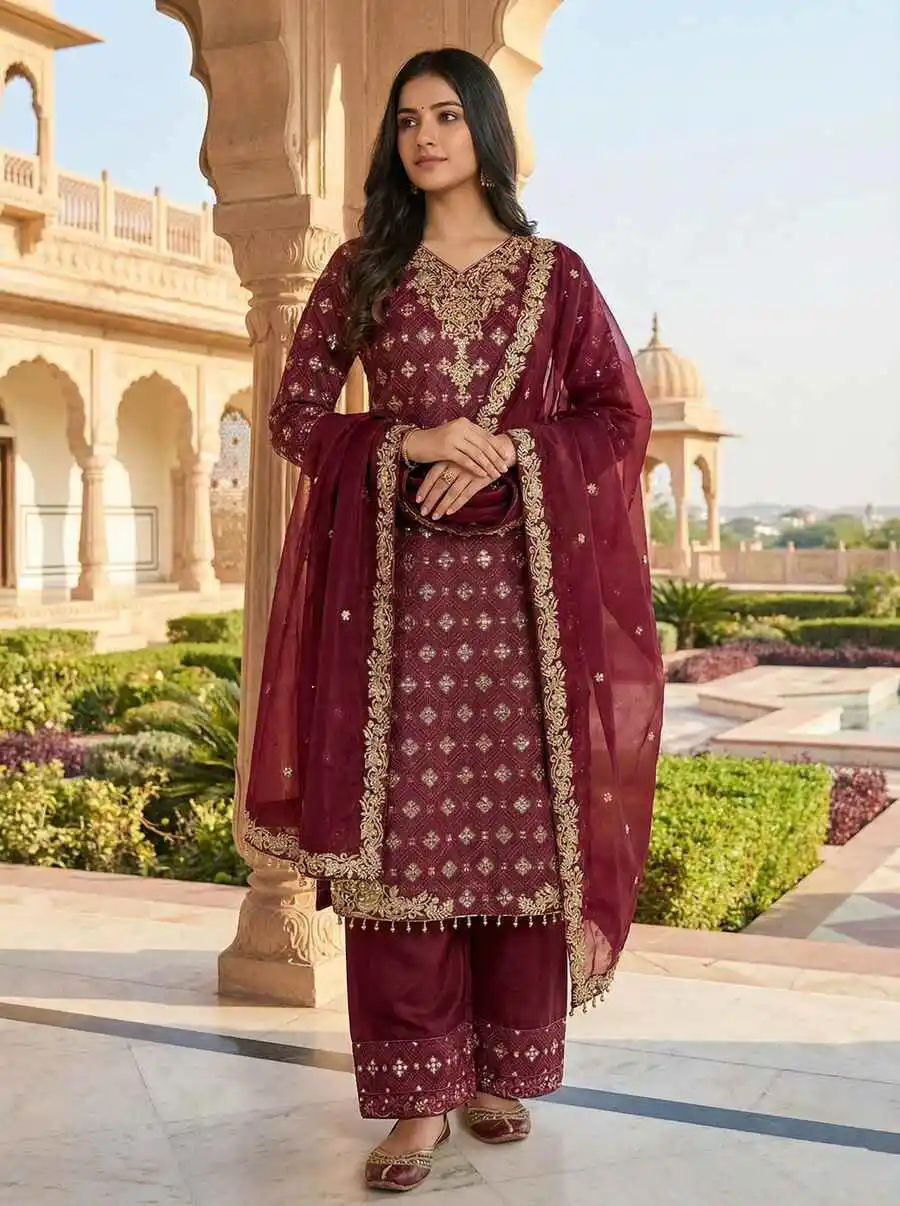 NEW ARRIVAL GMY SILK EMBROIDERY SEQUENCE WORK TOP PALAZZO WITH DUPATTA WEDDING WEAR WHOLESALE PRICE ETHNIC GARMENT (4)