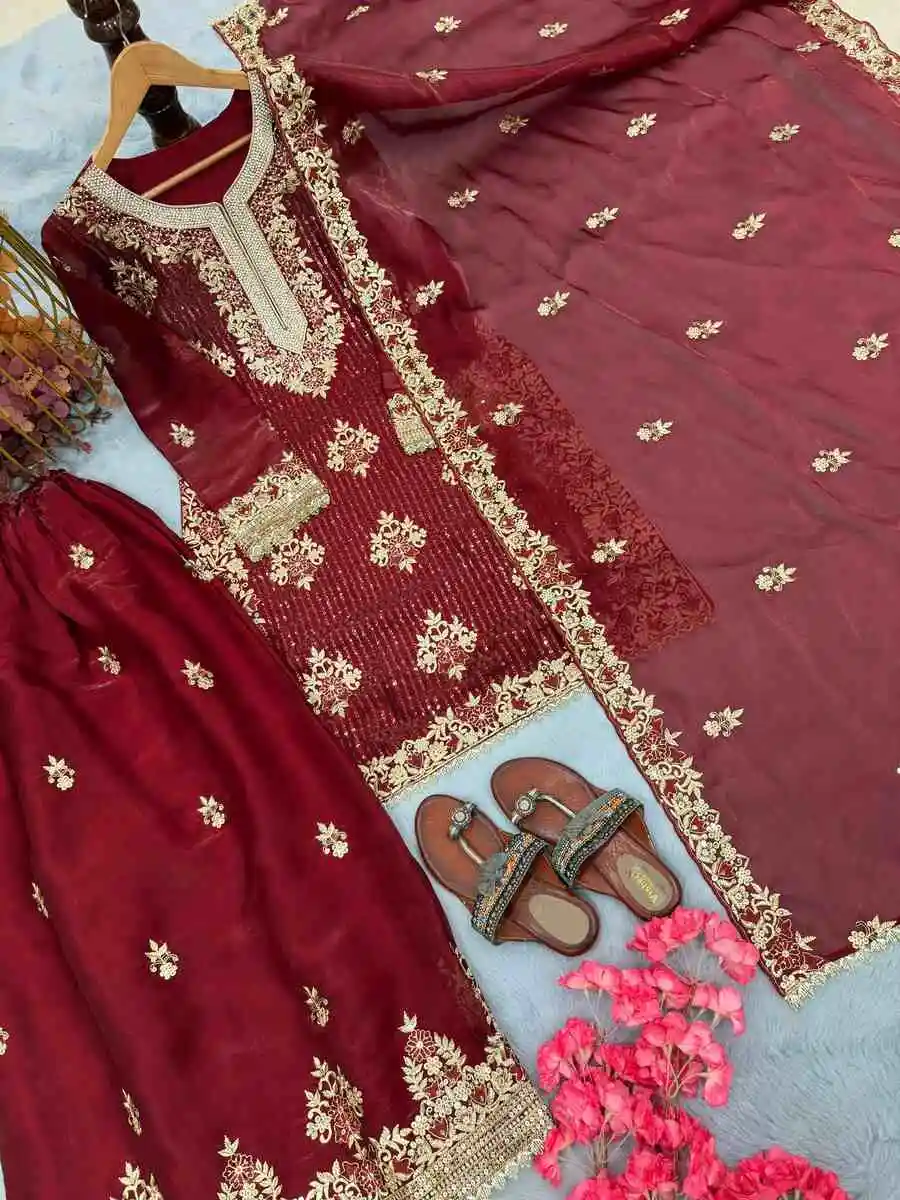 NEW ARRIVAL GMY SILK EMBROIDERY SEQUENCE WORK WITH JARKHAN DIAMOND WORK TOP PALAZZO WITH DUPATTA FESTIVE WEAR WHOLESALE PRICE ETHNIC GARMENT (12)