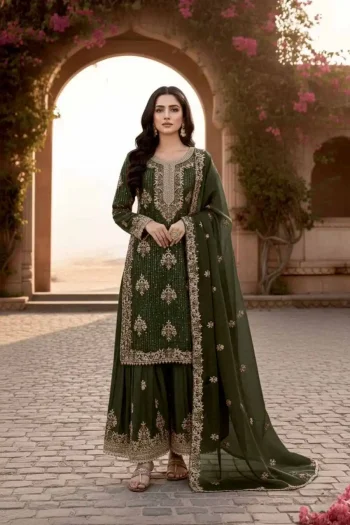 NEW ARRIVAL GMY SILK EMBROIDERY SEQUENCE WORK WITH JARKHAN DIAMOND WORK TOP PALAZZO WITH DUPATTA MEHNDI