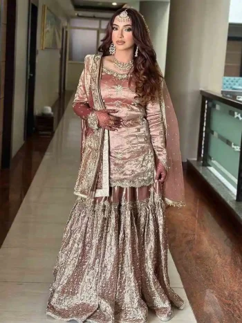 NEW ARRIVAL JC SILK EMBROIDERY 5 MM SEQUENCE WORK TOP SHARARA WITH DUPATTA CHIKU