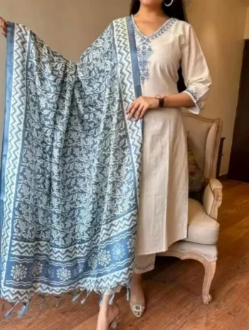 NEW ARRIVAL KHADI COTTON EMBROIDERY WORK TOP BOTTOM WITH DUPATTA BLUE AND OFF WHITE