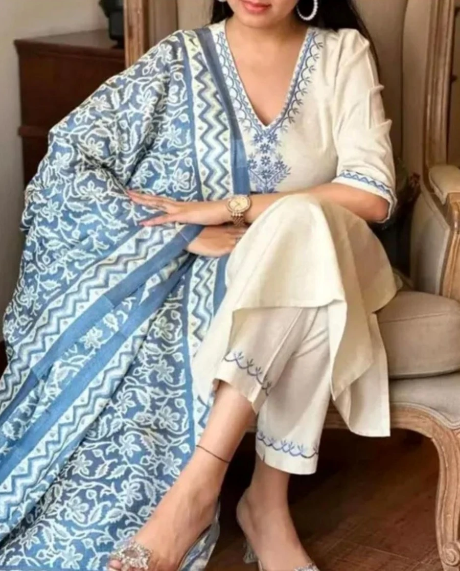 NEW ARRIVAL KHADI COTTON EMBROIDERY WORK TOP BOTTOM WITH DUPATTA FESTIVE WEAR WHOLESALE PRICE ETHNIC GARMENT (3)