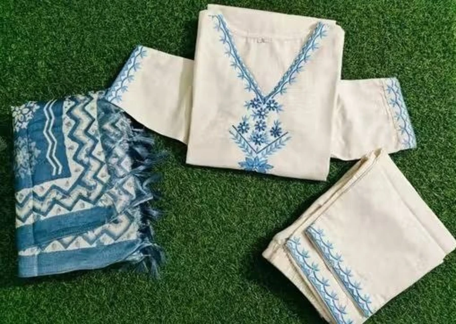 NEW ARRIVAL KHADI COTTON EMBROIDERY WORK TOP BOTTOM WITH DUPATTA FESTIVE WEAR WHOLESALE PRICE ETHNIC GARMENT (5)