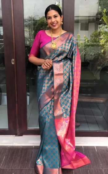 NEW ARRIVAL LICHI SILK BANARASI WEAVING WORK SAREE WITH UNSTITCHED BLOUSE RANI AND TEAL