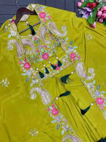 NEW ARRIVAL NATURAL CREPE EMBROIDERY WORK DRAPED SKIRT BLOUSE AND SHRUG PARROT GREEN