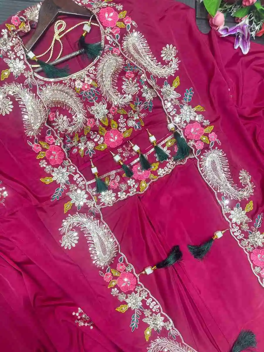 NEW ARRIVAL NATURAL CREPE EMBROIDERY WORK DRAPED SKIRT BLOUSE AND SHRUG PARTY WEAR WHOLESALE PRICE ETHNIC GARMENT (4)