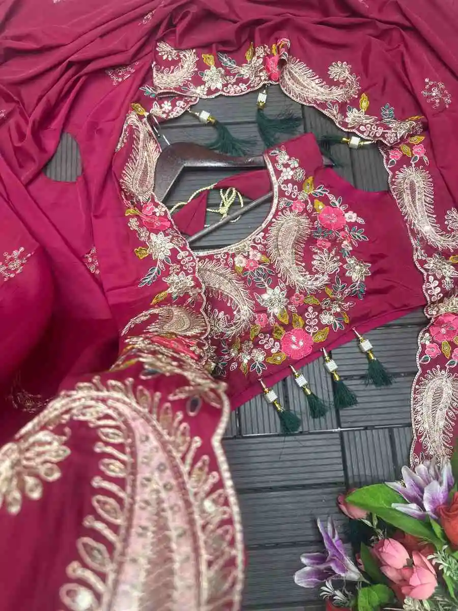 NEW ARRIVAL NATURAL CREPE EMBROIDERY WORK DRAPED SKIRT BLOUSE AND SHRUG PARTY WEAR WHOLESALE PRICE ETHNIC GARMENT (5)