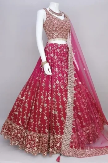 NEW ARRIVAL NET CHAIN DESIGN WORK LEHENGA CHOLI WITH DUPATTA PINK